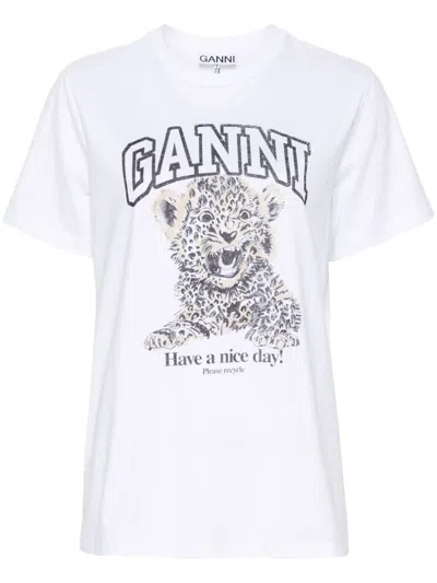 Ganni White T-shirt With Print And Logo Lettering On The Front In Cotton Woman In Brown
