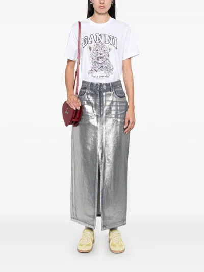 Ganni White T-shirt With Print And Logo Lettering On The Front In Cotton Woman In White