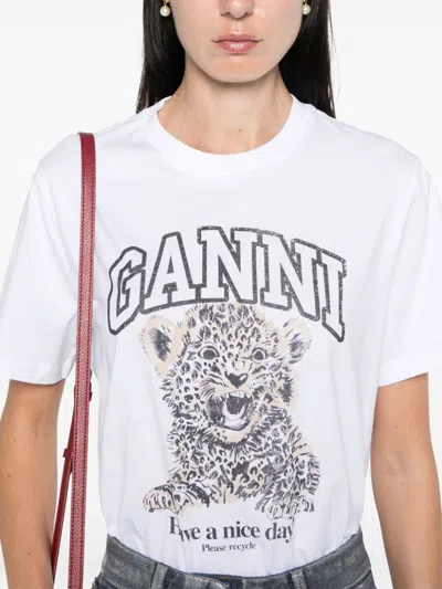 Ganni White T-shirt With Print And Logo Lettering On The Front In Cotton Woman In White