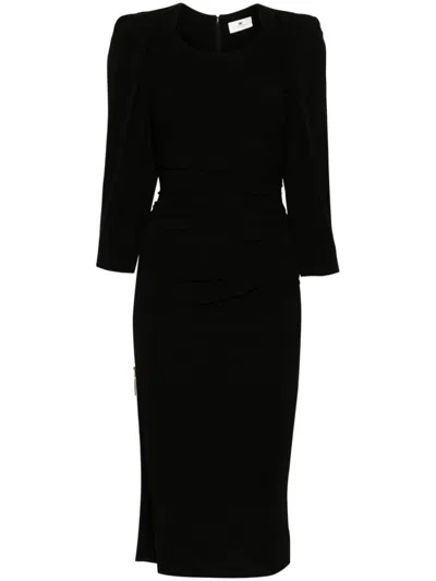 Elisabetta Franchi Crewneck Ruched Midi Dress With Zip Detail In Black