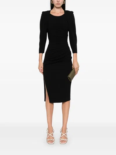 Elisabetta Franchi Crewneck Ruched Midi Dress With Zip Detail In Black