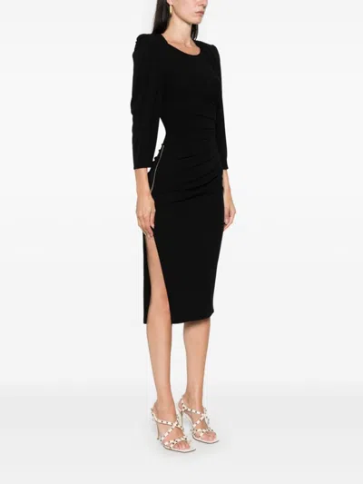 Elisabetta Franchi Crewneck Ruched Midi Dress With Zip Detail In Black
