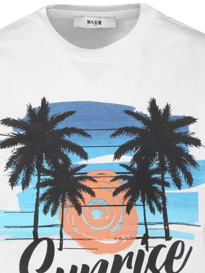 Msgm White T-shirt For Kids With Palm Tree And Logo In White