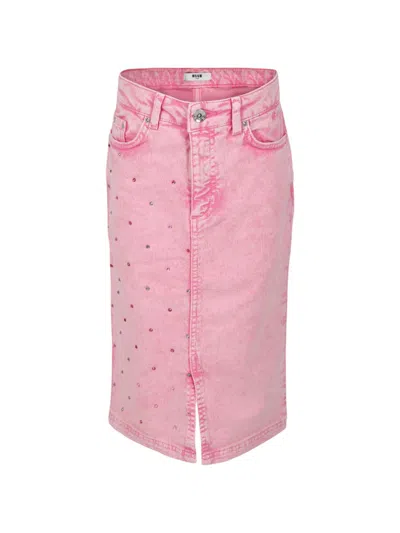 Msgm Pink Denim Skirt For Girl In Pink