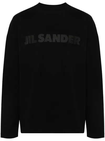 Jil Sander Men Black Long Sleeve T-shirt With Front Logo Print In Cotton Man In Black