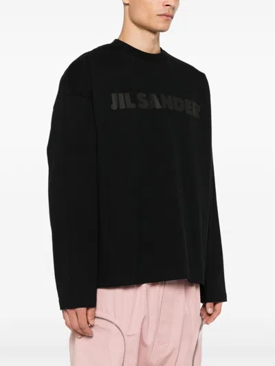 Jil Sander Men Black Long Sleeve T-shirt With Front Logo Print In Cotton Man In Black