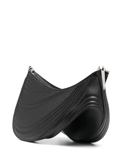 Mugler Spiral Curve Curved Leather Shoulder Bag In Black
