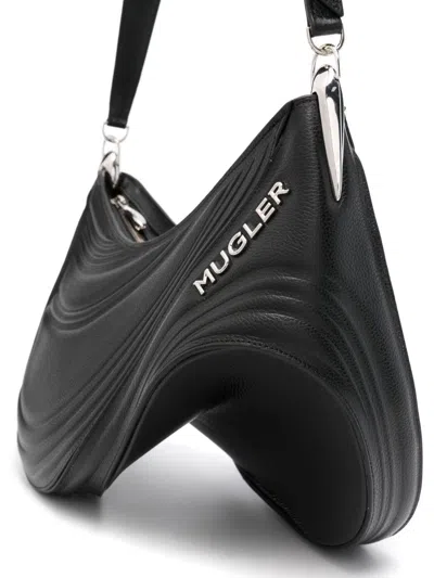 Mugler Spiral Curve Curved Leather Shoulder Bag In Black