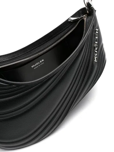 Mugler Spiral Curve Curved Leather Shoulder Bag In Black