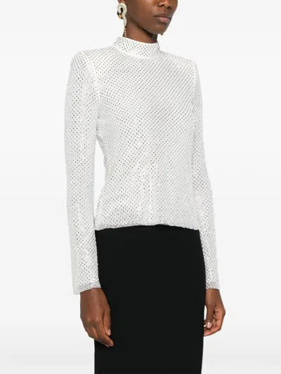 Self-portrait Rhinestone Fishnet Top In Silver In White
