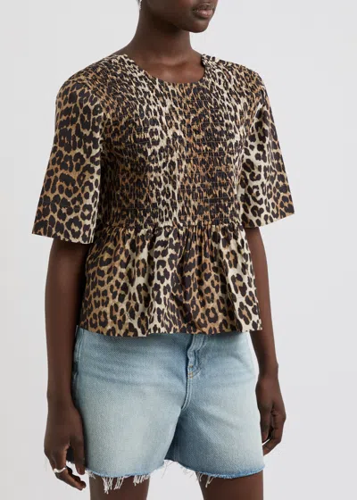 Ganni Multicolor Blouse With Front Tie Closure And All-over Leopard Motif In Cotton Woman In Leopard