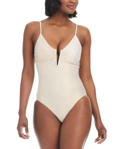Bar Iii Women's V-wire Plunge-neck One-piece Swimsuit, Created For Macy's In White,gold Shimmer