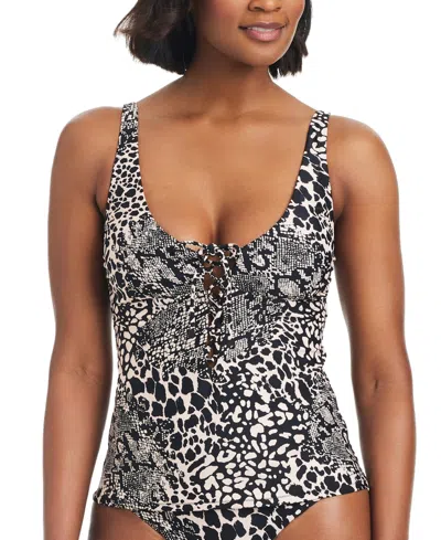 Bar Iii Women's Printed Lace-up Sweetheart Tankini, Created For Macy's In Black