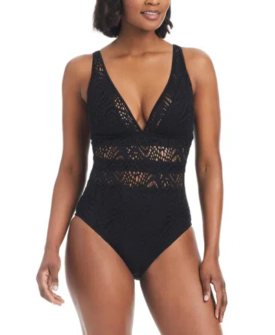 Bar Iii Women's Crochet Plunge-neck One-piece Swimsuit, Created For Macy's In Black