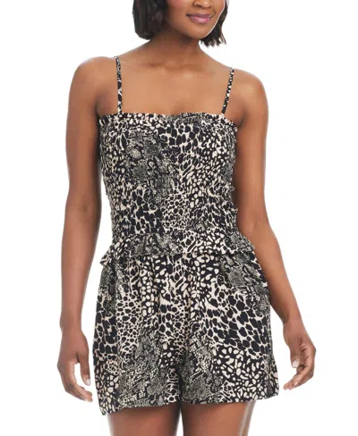 Bar Iii Women's Printed Smocked-top Cover-up Romper, Created For Macy's In Black