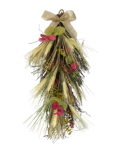 Northlight 24" Autumn Harvest Wheat And Eucalyptus With Feathers Teardrop Swag In Red