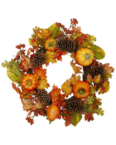 Northlight Orange Pumpkins Pine Cones And Berries Fall Harvest Wreath In Orange