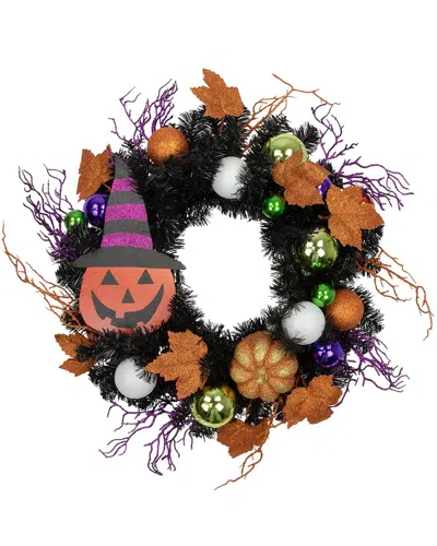 Northlight Jack O'lantern In Witch Hat Halloween Pine Wreath In Black