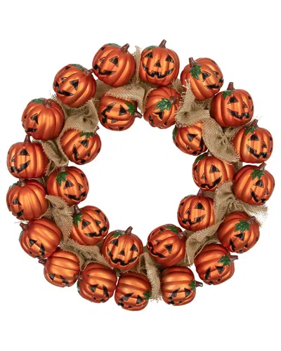 Northlight Jack O'lantern Burlap Ribbon Halloween Wreath In Orange