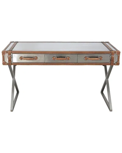 Pasargad Home Brookline Stainless Steel With Genuine Leather Desk In Brown