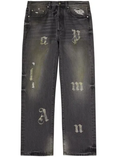 Shop Palm Angels Wide-leg Cotton Jeans With Applied Logo In Black