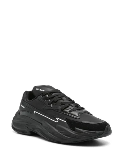 Balmain Black Run-row Leather Sneakers In Black