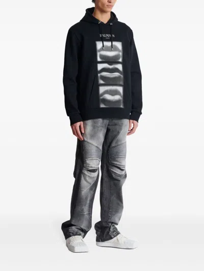Balmain Men's Lips Print Hoodie In Black