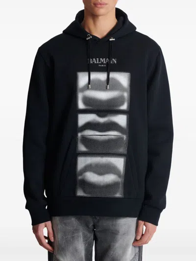 Balmain Men's Lips Print Hoodie In Black