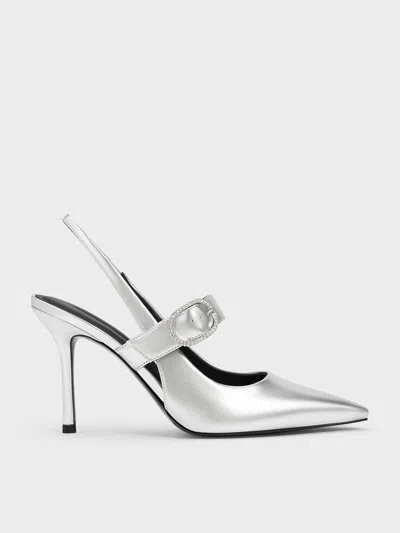 Charles & Keith - Metallic Crystal-buckled Pumps In Silver