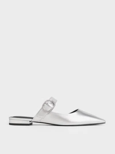 Charles & Keith - Metallic Crystal-buckle Pointed-toe Mules In Silver