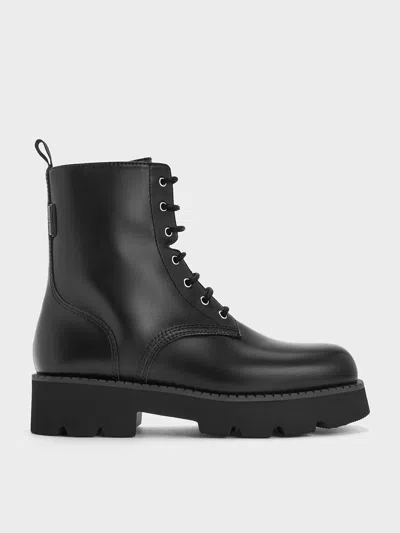 Charles & Keith - Ridged-sole Lace-up Combat Boots In Black