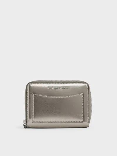 Charles & Keith - Xylia Metallic Zip-around Wallet In Pewter