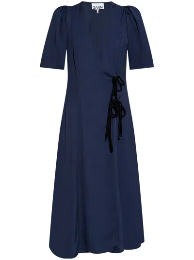 Ganni Checkered Seersucker Gathered Midi Wrap Dress In Blue