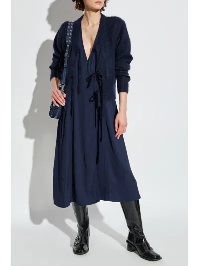 Ganni Checkered Seersucker Gathered Midi Wrap Dress In Blue