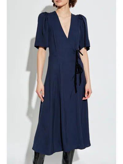 Ganni Checkered Seersucker Gathered Midi Wrap Dress In Blue