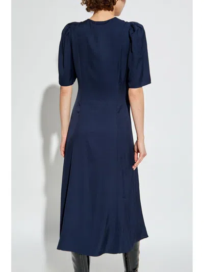 Ganni Checkered Seersucker Gathered Midi Wrap Dress In Blue