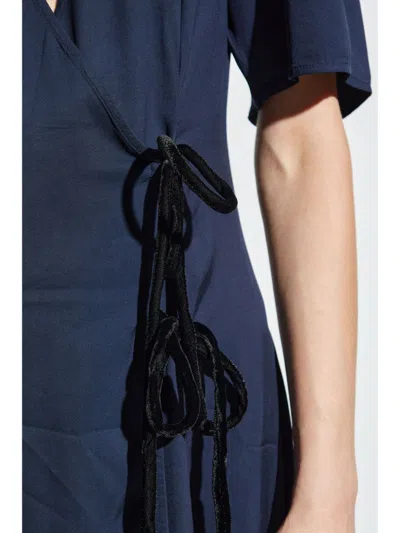 Ganni Checkered Seersucker Gathered Midi Wrap Dress In Blue