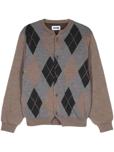 Magliano Rhombo-checked Knitted Cardigan In Grey