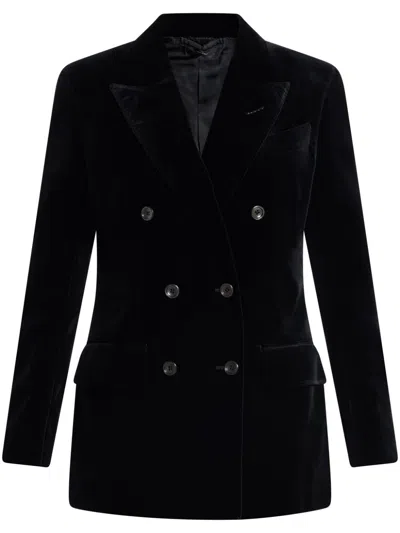 Tom Ford Velvet Double-breasted Blazer In Blue