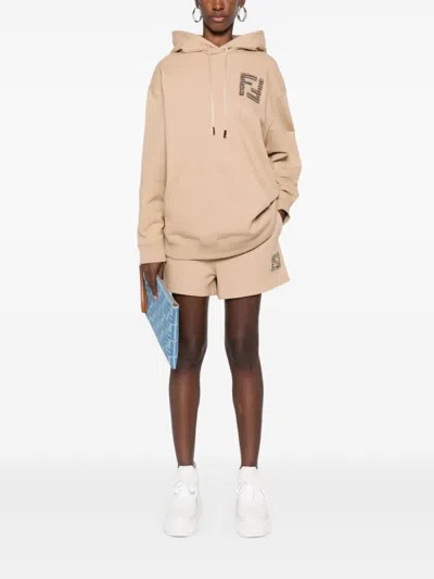 Fendi Sequin Embellished High-waisted Cotton Shorts In Brown
