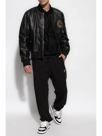 Shop Versace Jeans Couture V-emblem Leather Bomber Jacket In Black