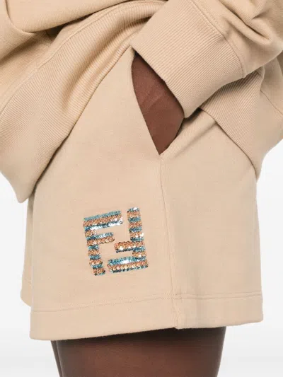 Fendi Sequin Embellished High-waisted Cotton Shorts In Brown