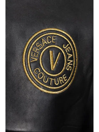 Shop Versace Jeans Couture V-emblem Leather Bomber Jacket In Black