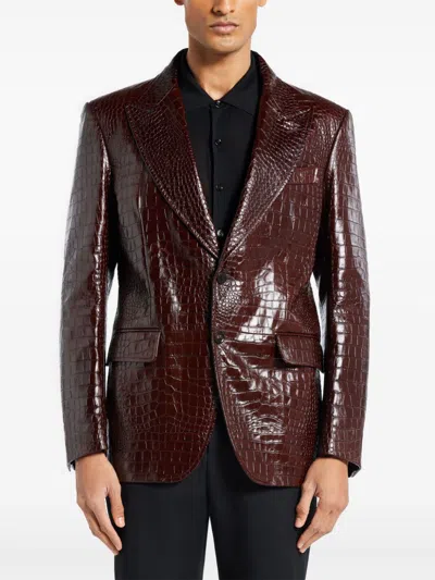 Tom Ford Crocodile-embossed Leather Blazer In Brown