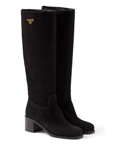 Prada Logo Suede Knee-high Boot In Black