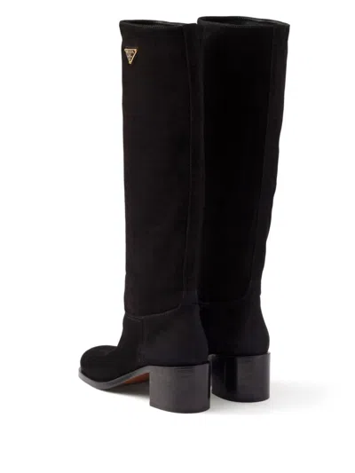 Prada Logo Suede Knee-high Boot In Black