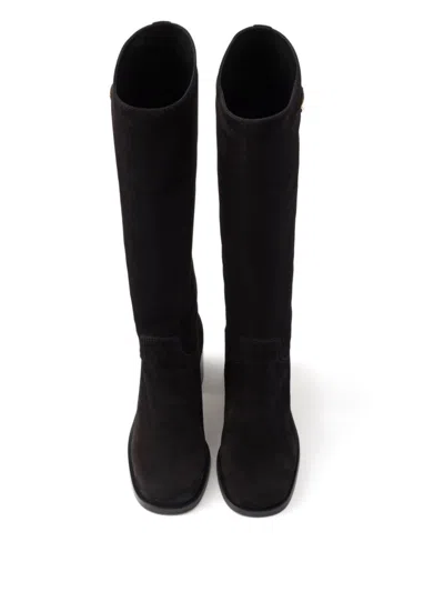 Prada Logo Suede Knee-high Boot In Black