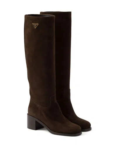 Prada Suede Block-heel Knee Boots In Brown