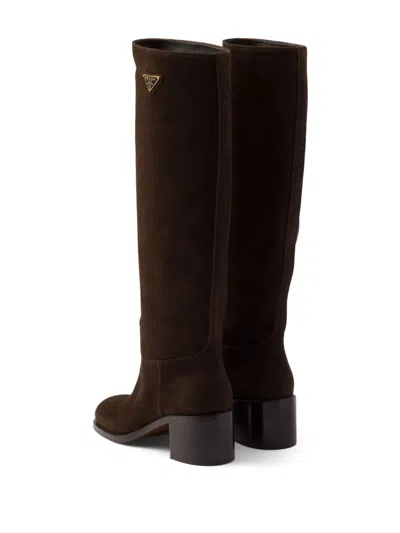 Prada Suede Block-heel Knee Boots In Brown