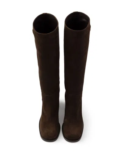 Prada Suede Block-heel Knee Boots In Brown